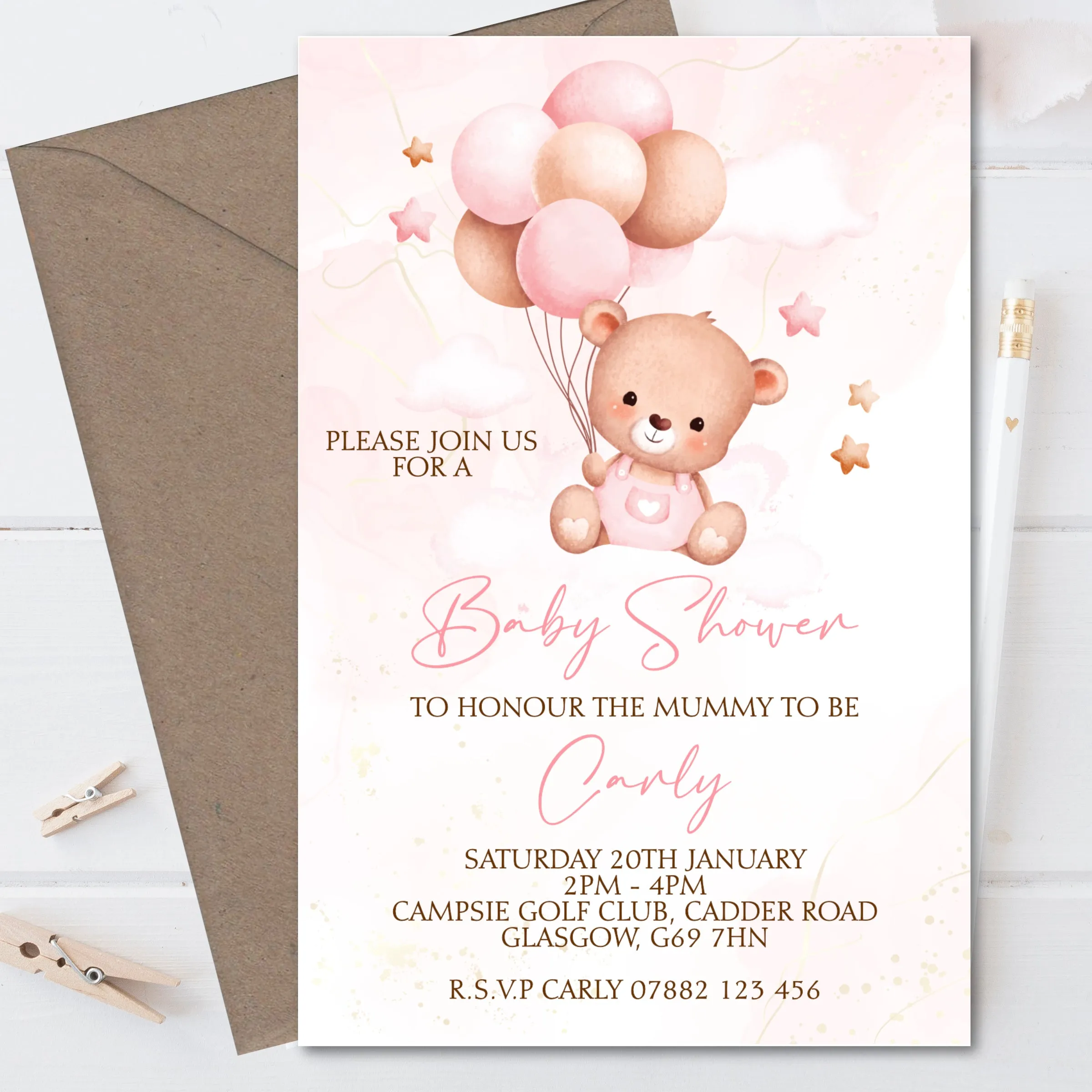 10 Personalised Baby Shower Invitations Teddy Bear Pink Girl