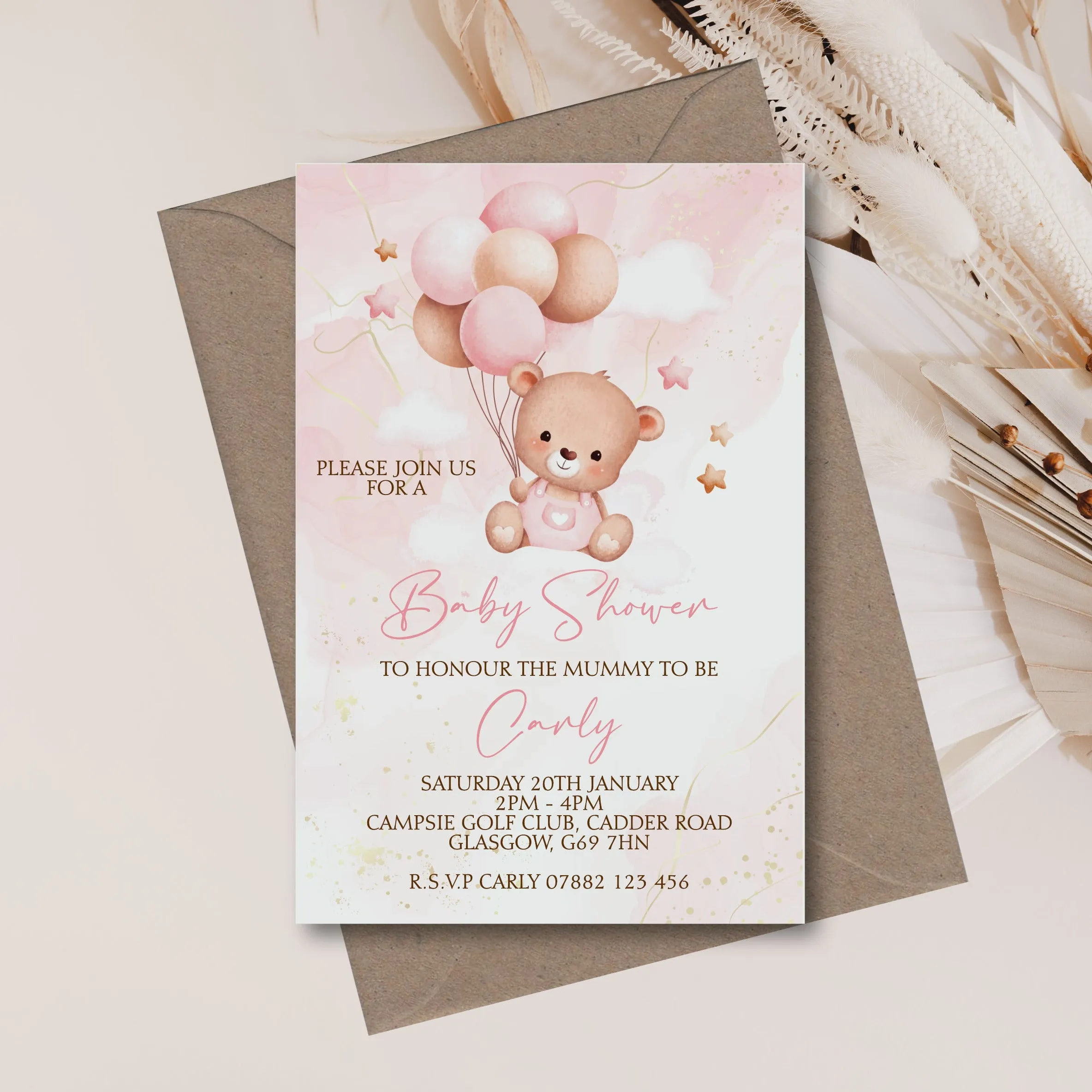 10 Personalised Baby Shower Invitations Teddy Bear Pink Girl