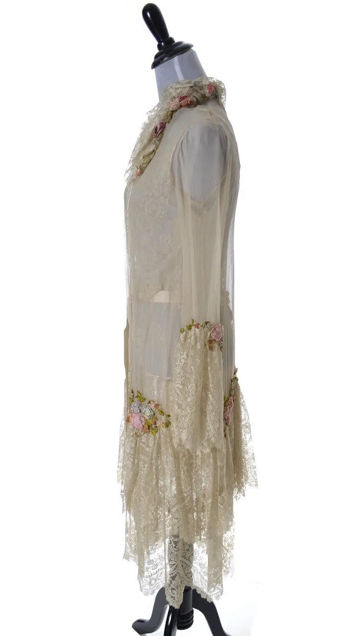 1920's RARE Vera West Fine Lace Peignoir Robe and Gown Teddy Roses