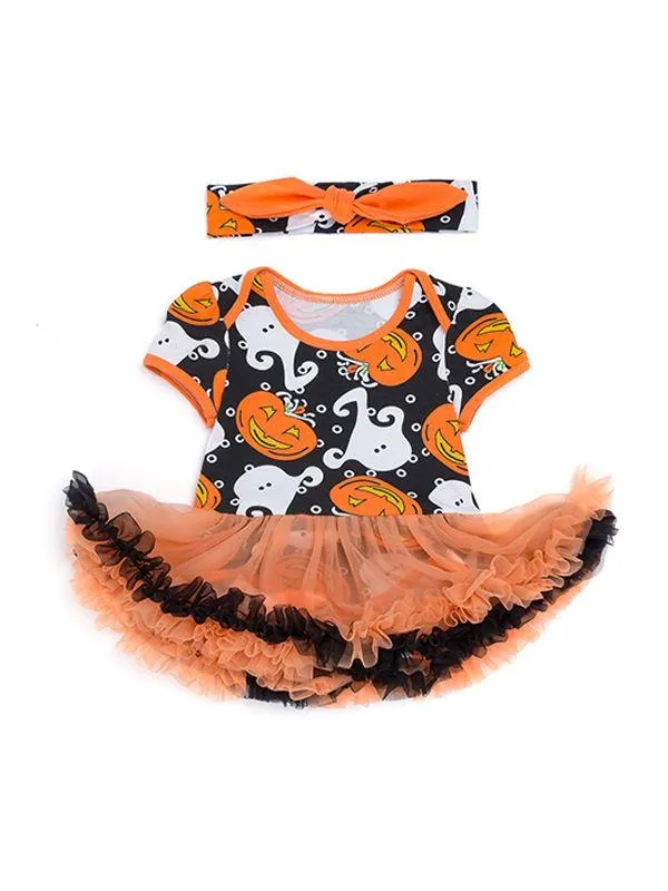 2-piece Halloween Pumpkin Elf Bodysuit Dress Headband