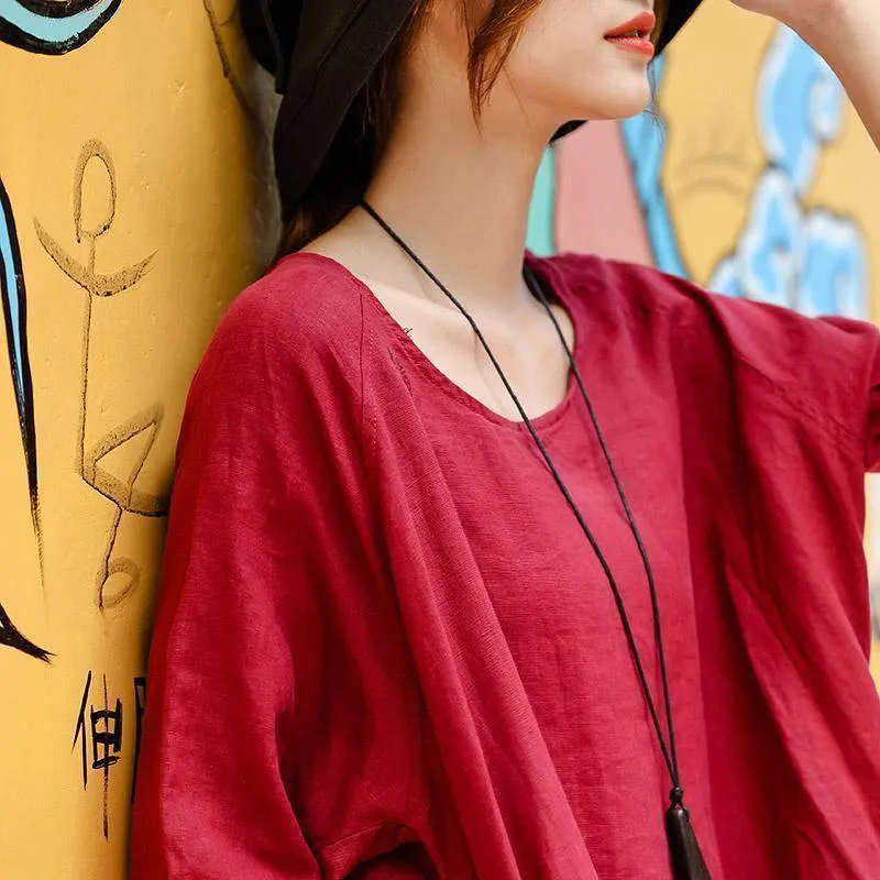 2018 red embroider fabric long linen dress plus size o neck side open traveling dress vintage half sleeve baggy dresses