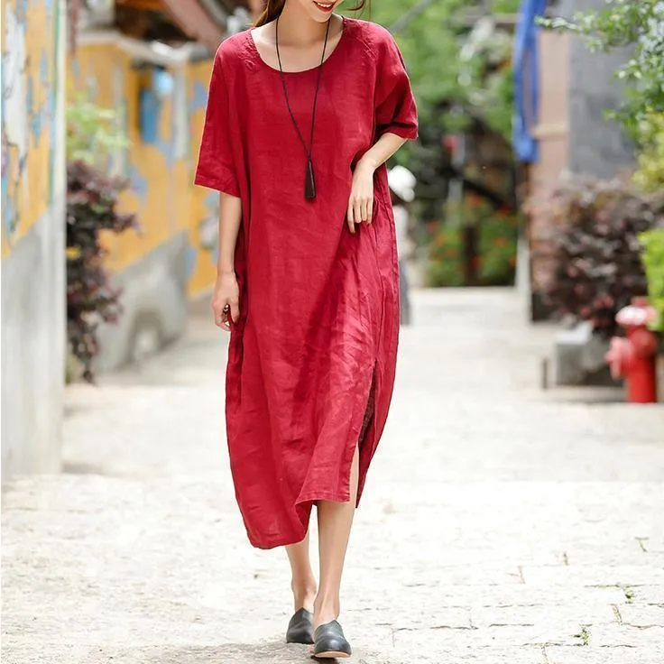 2018 red embroider fabric long linen dress plus size o neck side open traveling dress vintage half sleeve baggy dresses