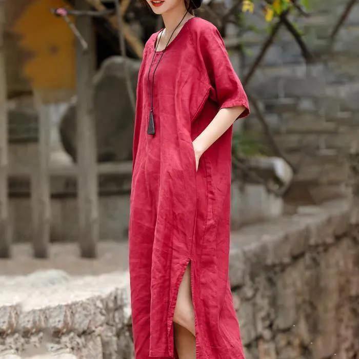 2018 red embroider fabric long linen dress plus size o neck side open traveling dress vintage half sleeve baggy dresses