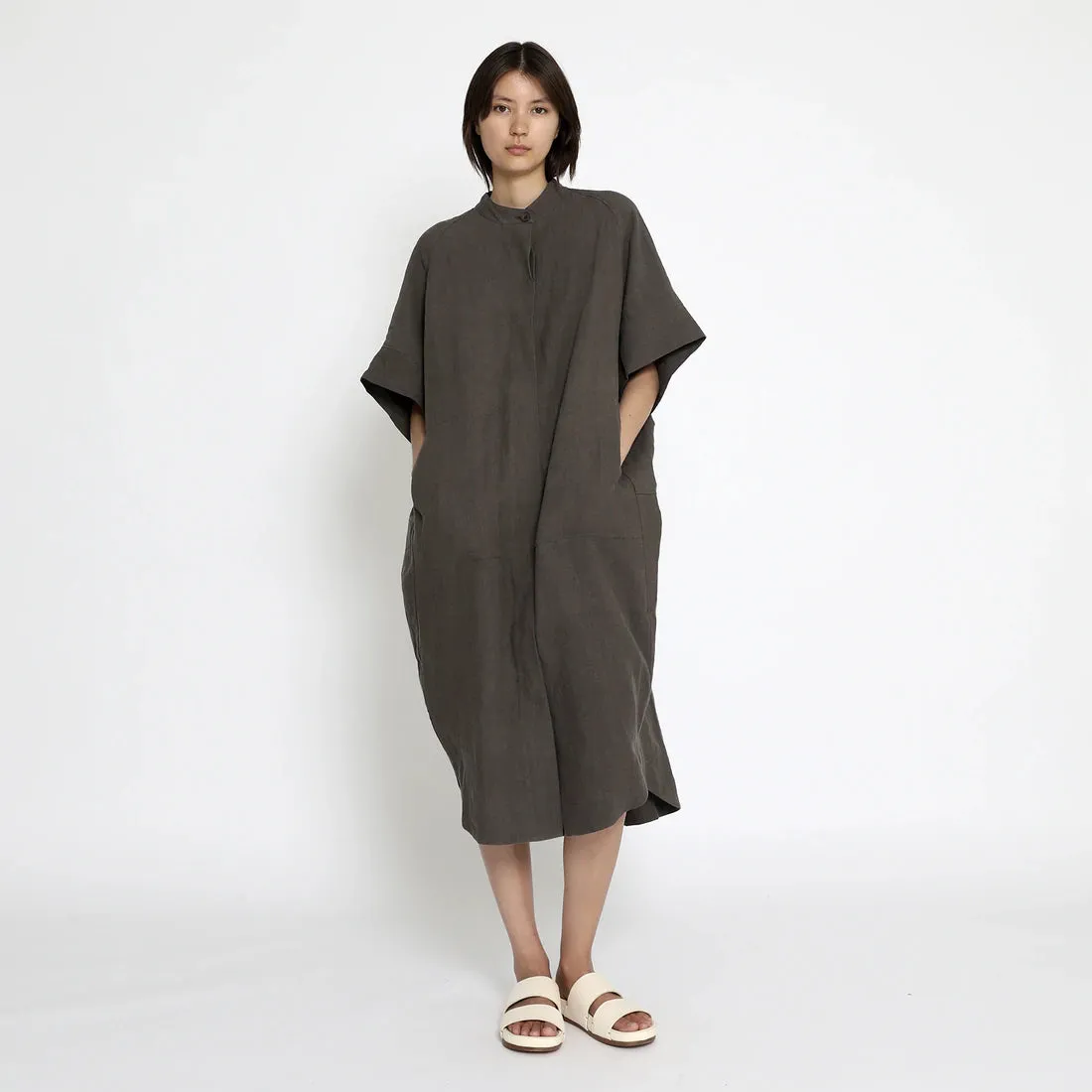 7115 by Szeki Cocoon Dark Oak Linen Shirt Dress