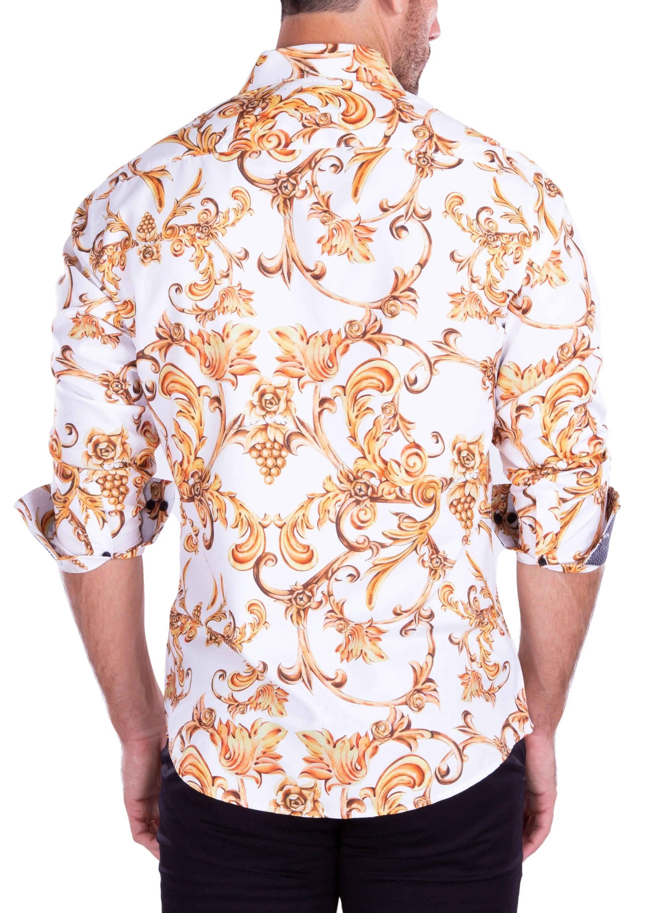 Ancient Rome Golden Motif Long Sleeve Dress Shirt White