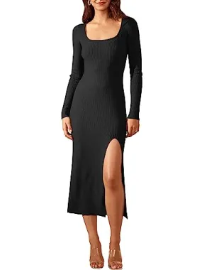 ANRABESS Women's Long Sleeve Sweater Dress Square Neck Side Slit Bodycon Ribbed Knit Slim Fit 2024 Fall Midi Dress Opal Green X-Large