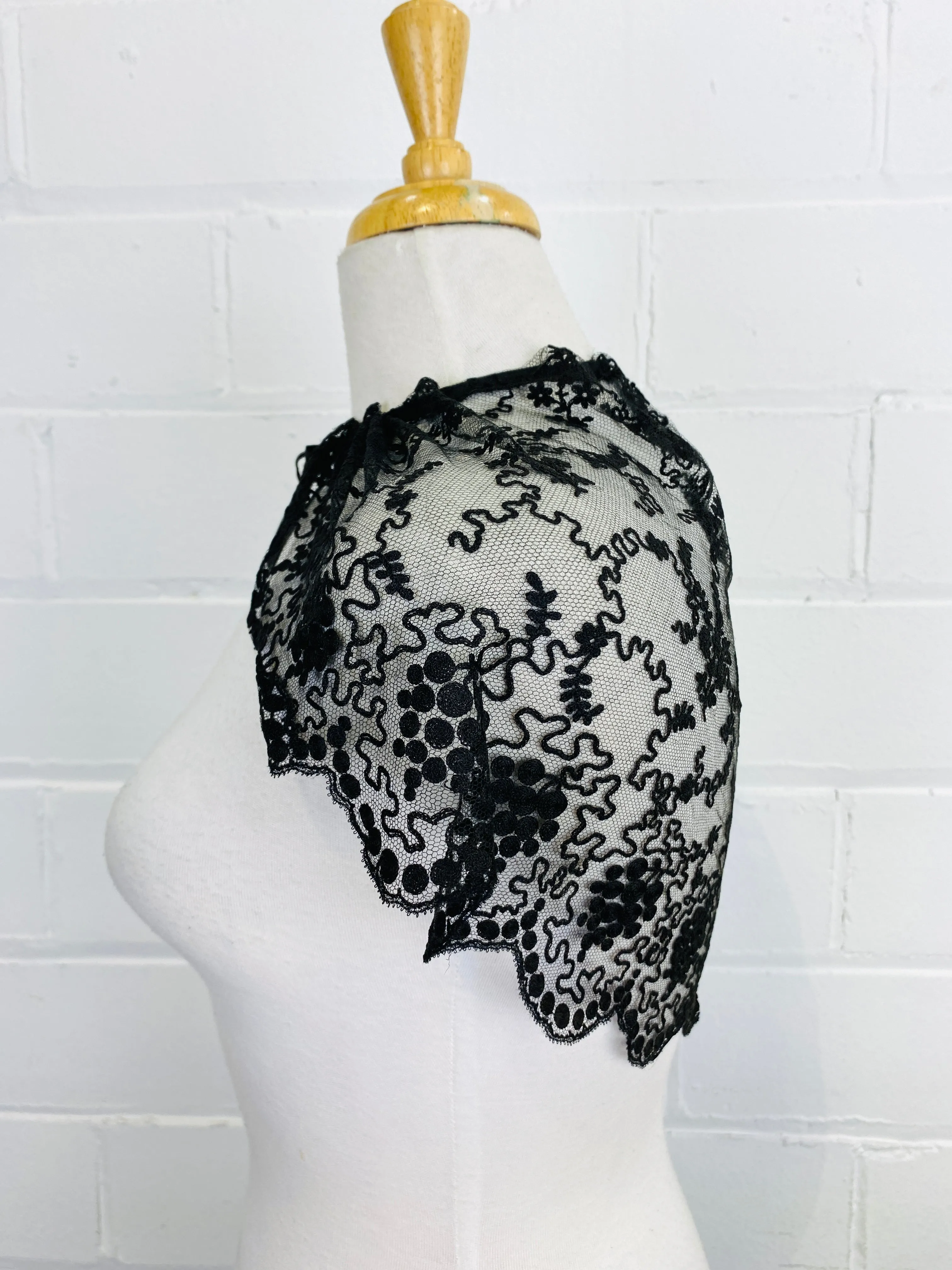 Antique Victorian Black Embroidered Silk Tulle Lace Collar