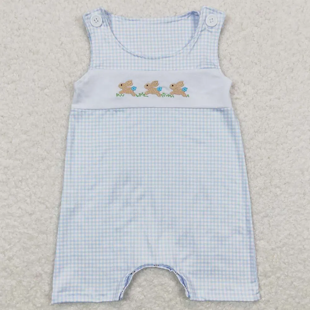 Baby Infant Boys Romper Easter Blue Checkered Rabbits Sleeveless Rompers SR0621