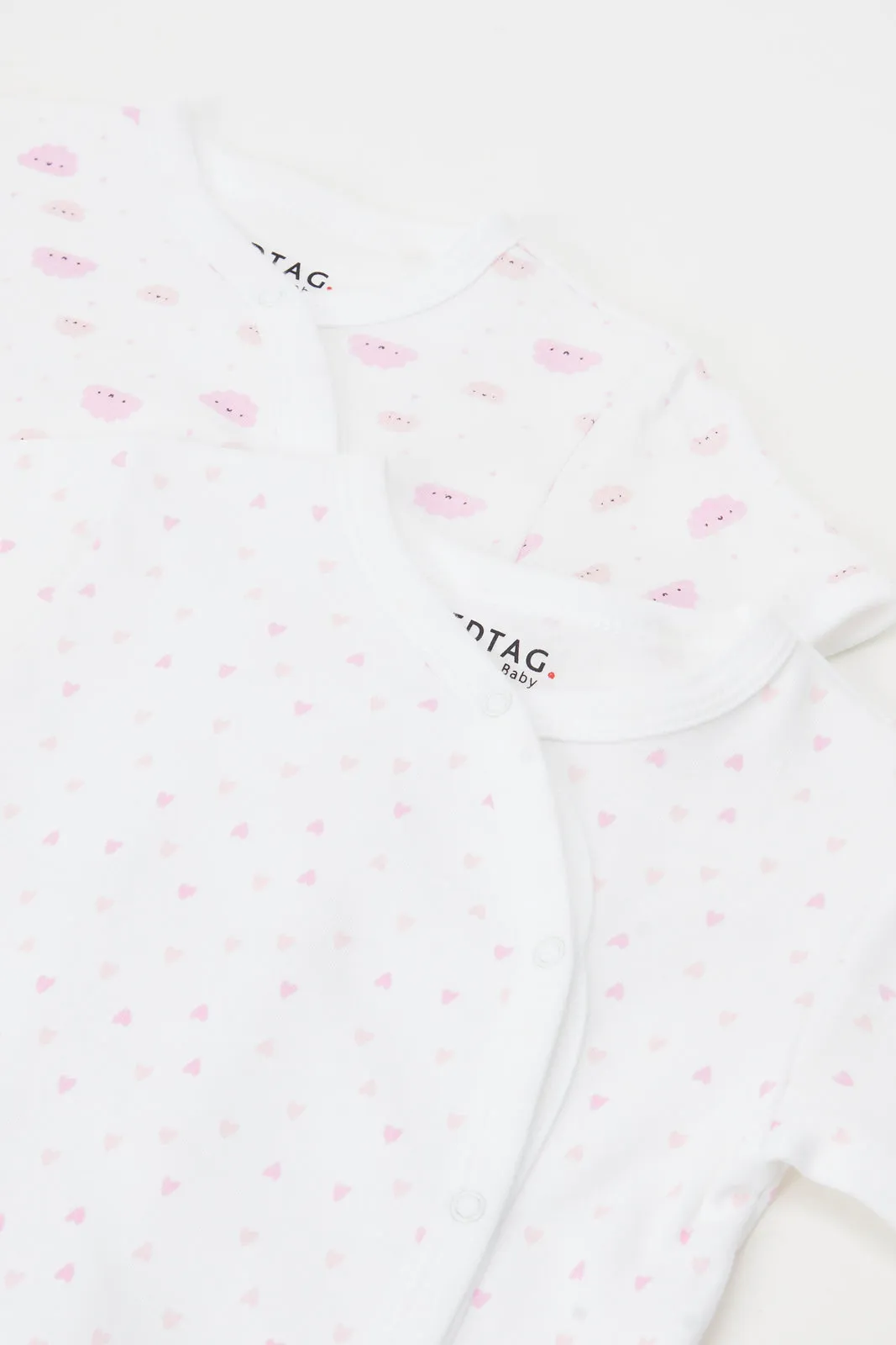 Baby White And Pink Printed Romper Set (Pack Of 2)