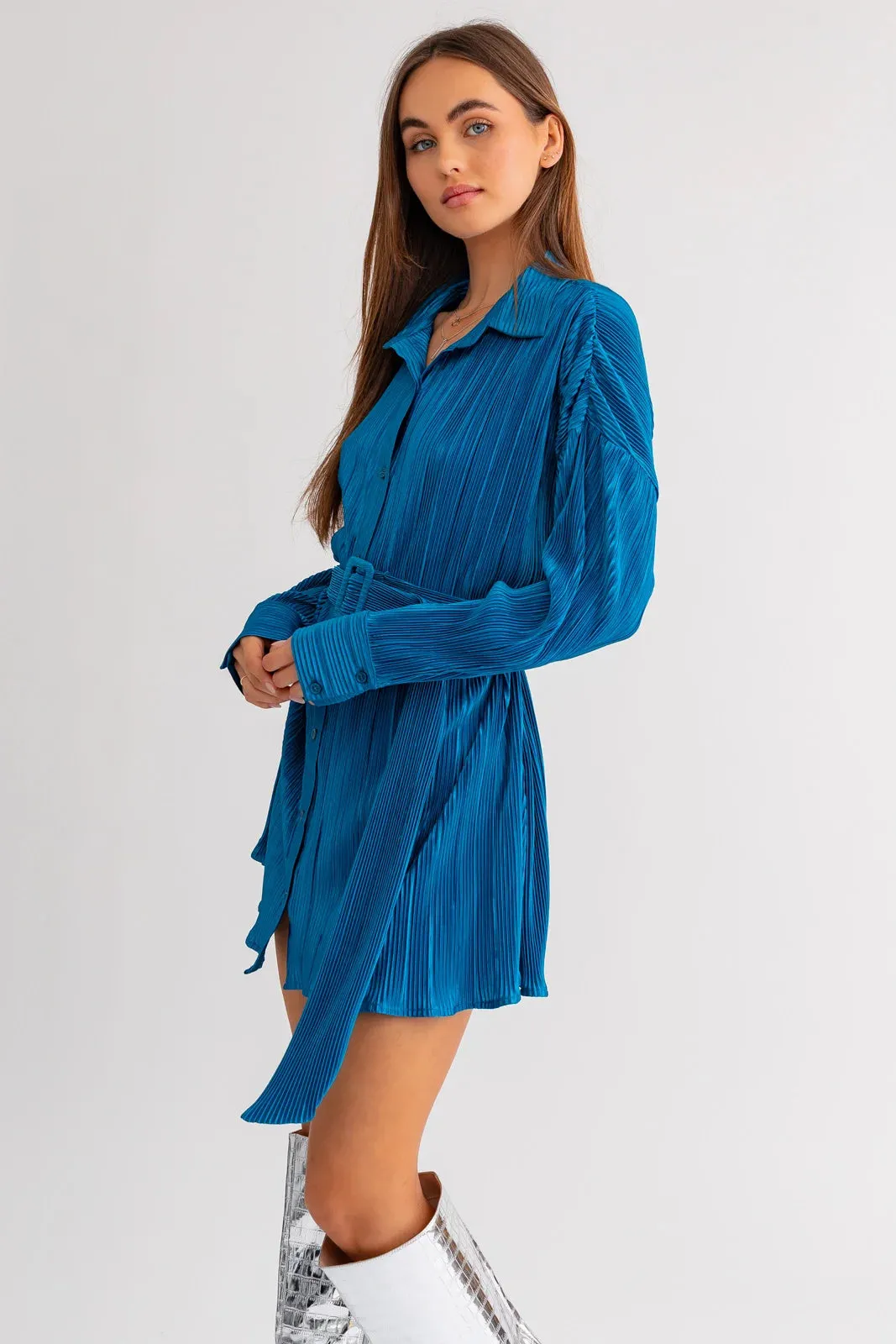 Belted Long Sleeve Pleated Mini Shirt Dress