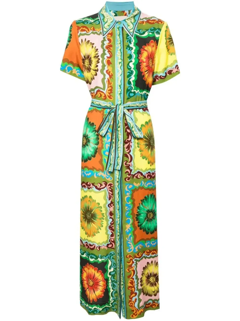 Belted Multicolor Daisy Printed Short-Sleeve Shirt Dress