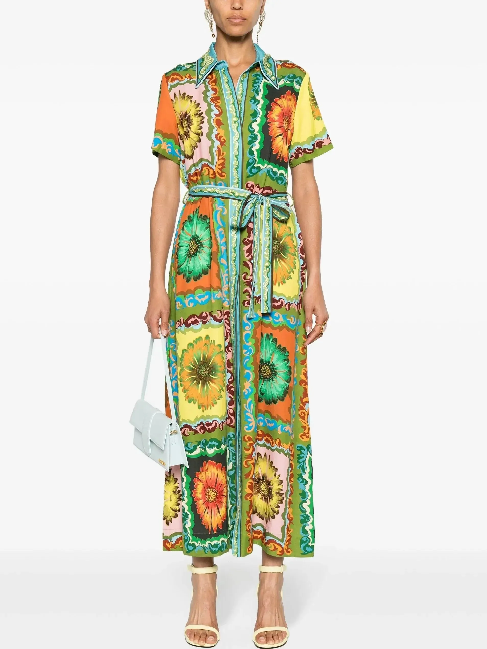 Belted Multicolor Daisy Printed Short-Sleeve Shirt Dress