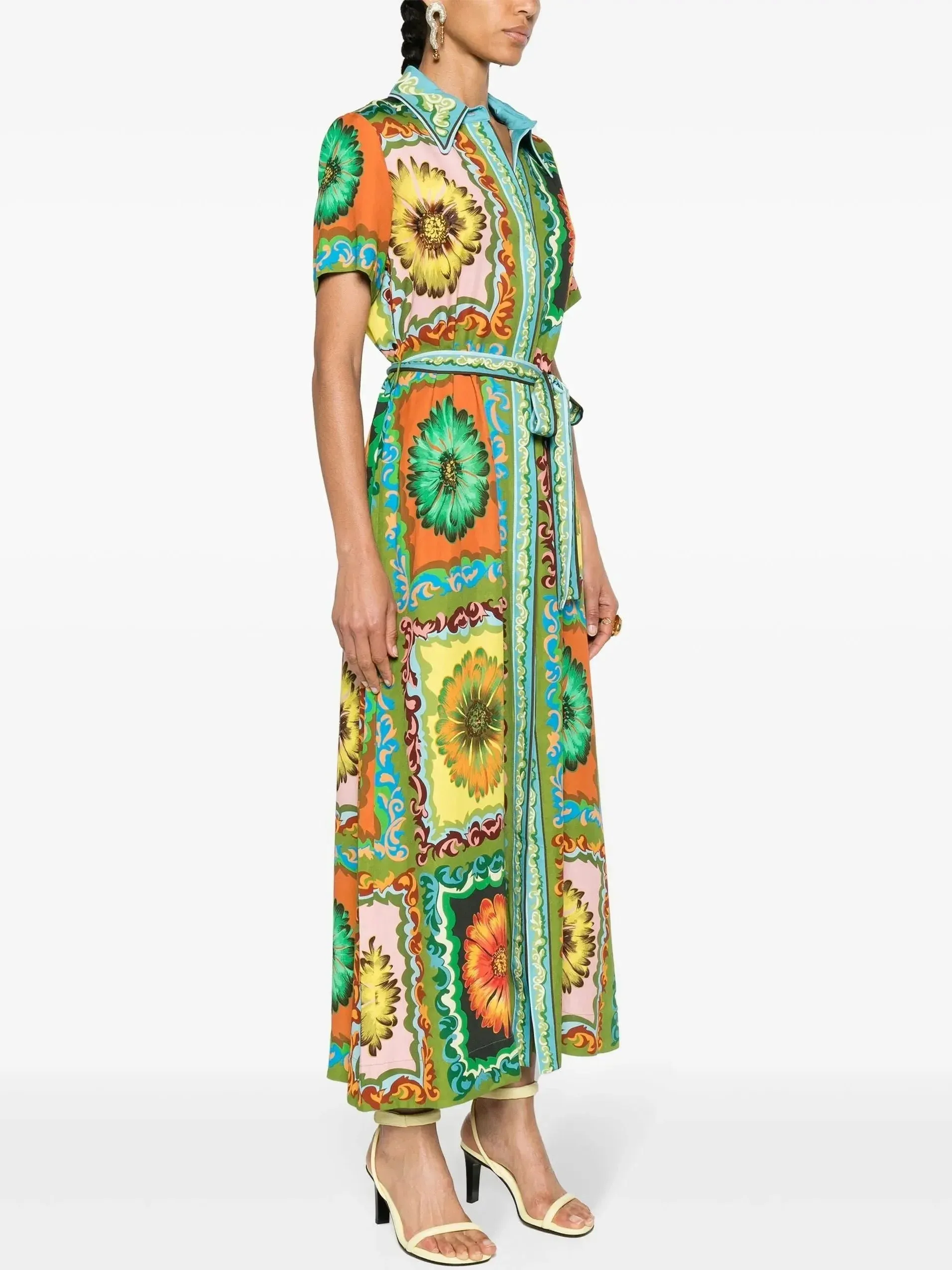 Belted Multicolor Daisy Printed Short-Sleeve Shirt Dress