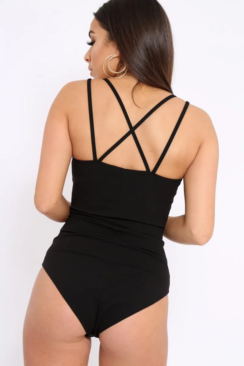 Black Cross Over Cut Out Bodysuit - Safia