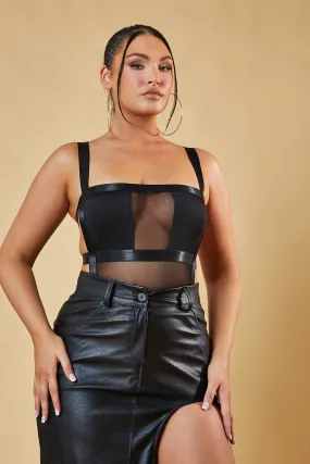 Black Mesh Panel Backless Bodysuit - Jane