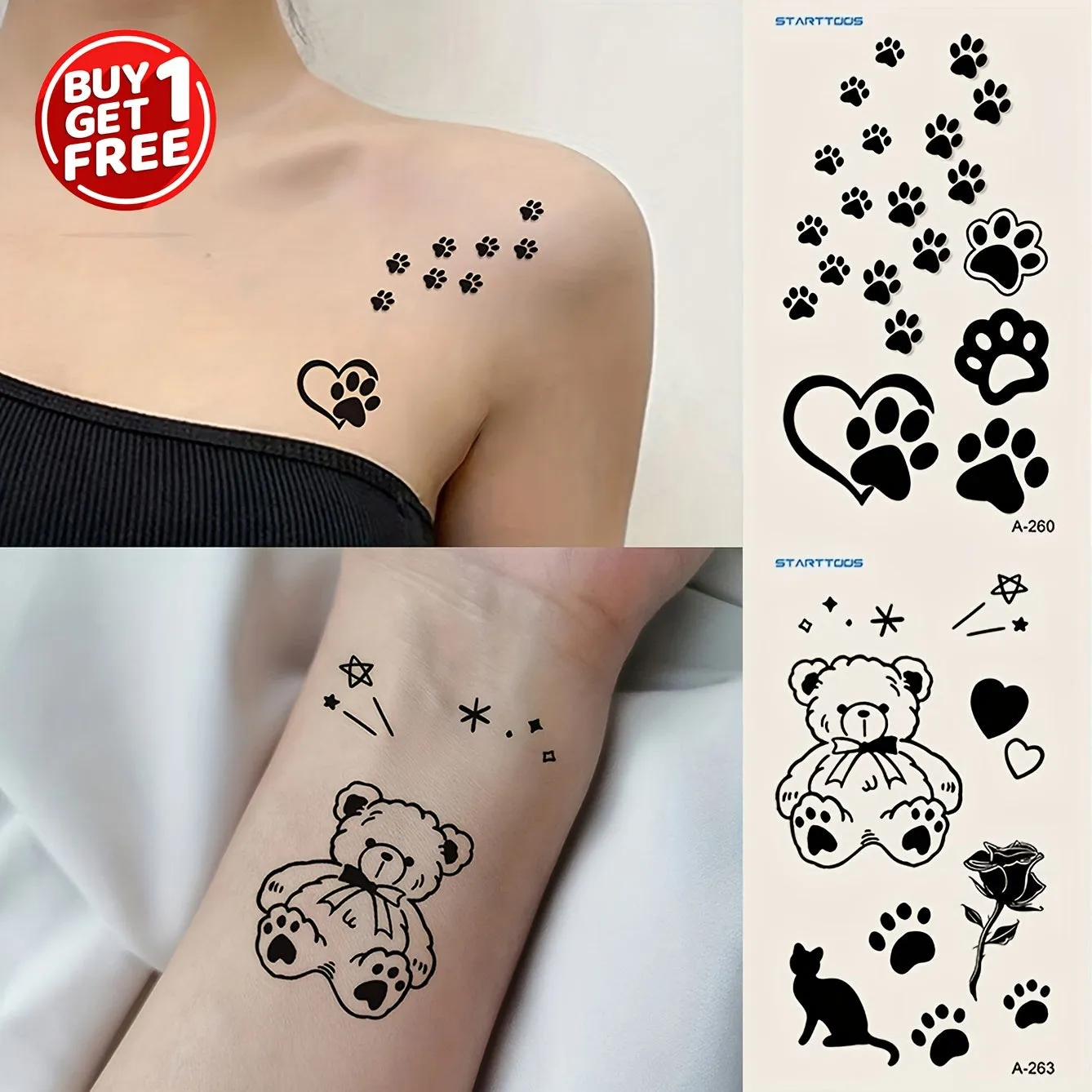 Black Teddy Bear Flower Footprints Temporary Tattoo  BOGO Deal