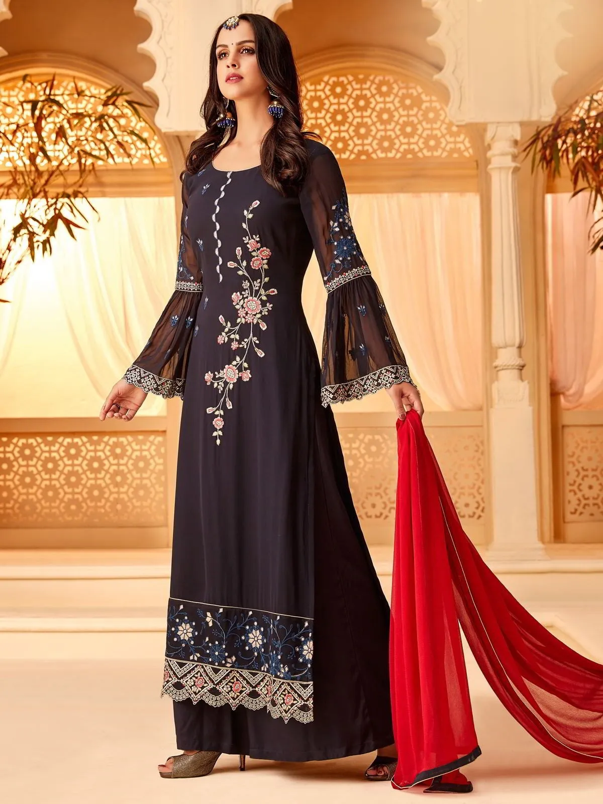 Blue Overall Multi Embroidered Designer Palazzo Suit