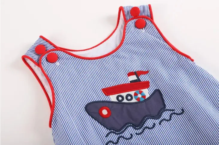 Blue Stripe Tugboat Bubble Romper by Lil Cactus