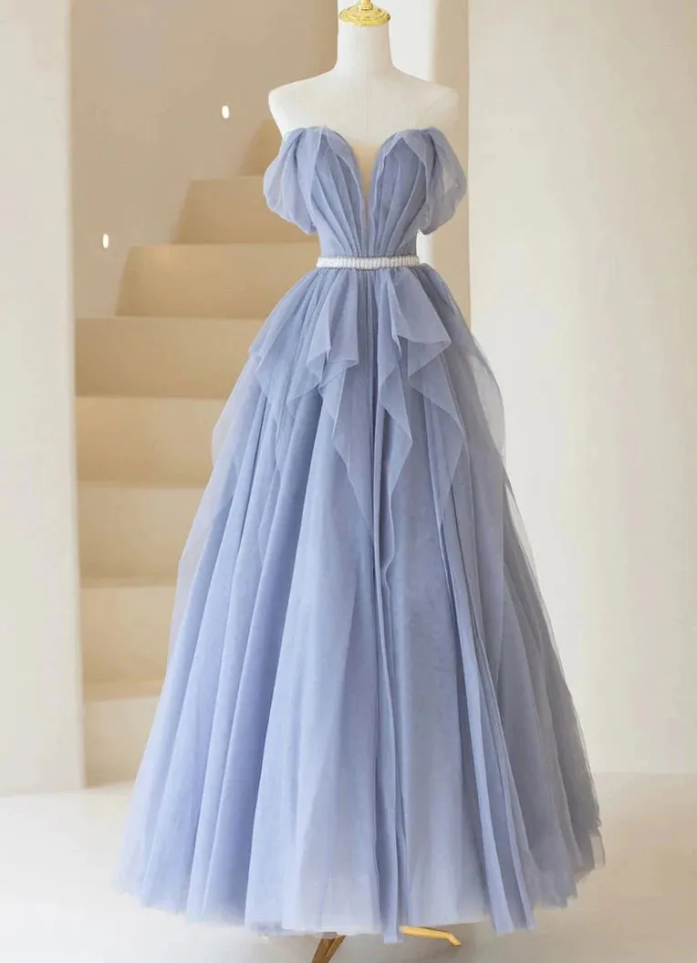 Blue Sweetheart Tulle Off-the-Shoulder Floor-Length Prom Dresses, Blue Evening Gown