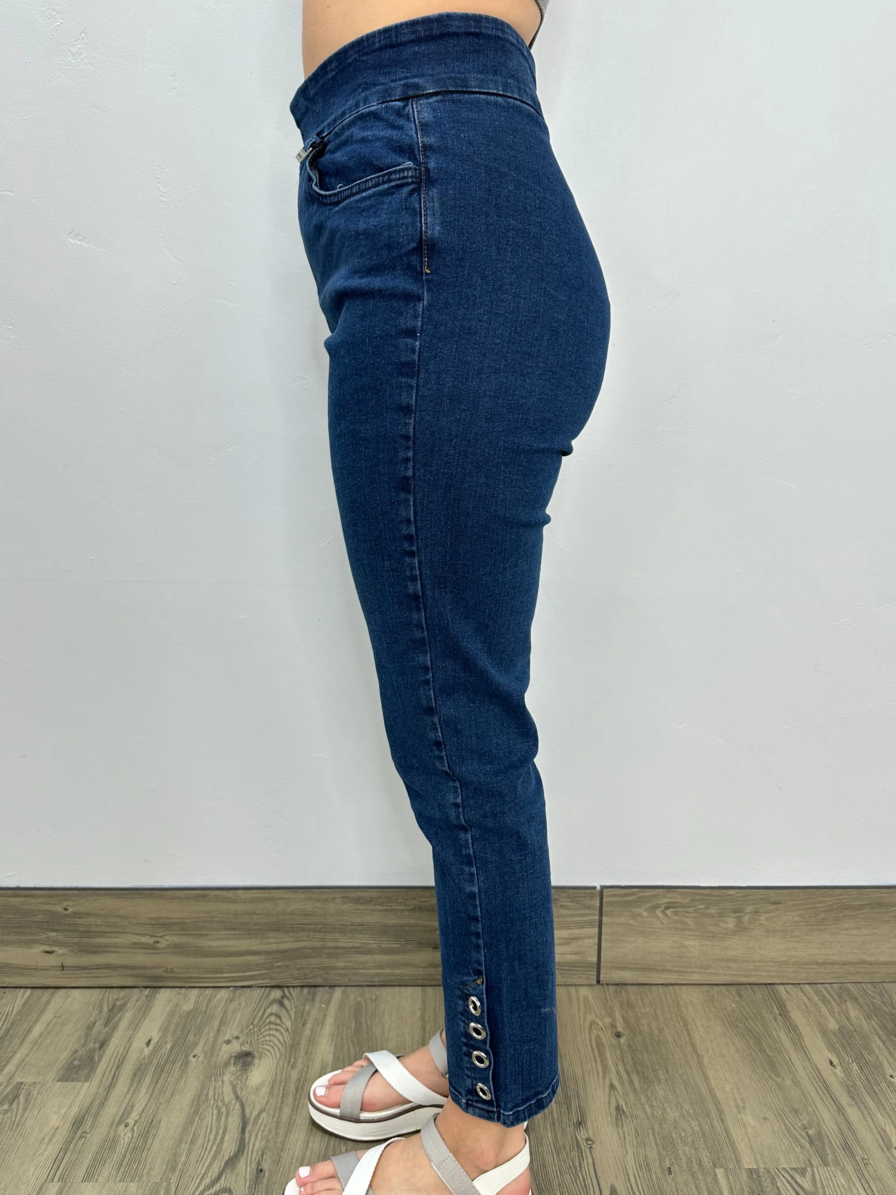 Blue Wash Full Length Denim Jeans with Eyelets