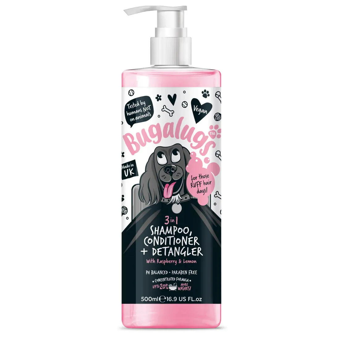 Bugalugs 3 in 1 Raspberry & Lemon Dog Shampoo, Conditioner & Detangler