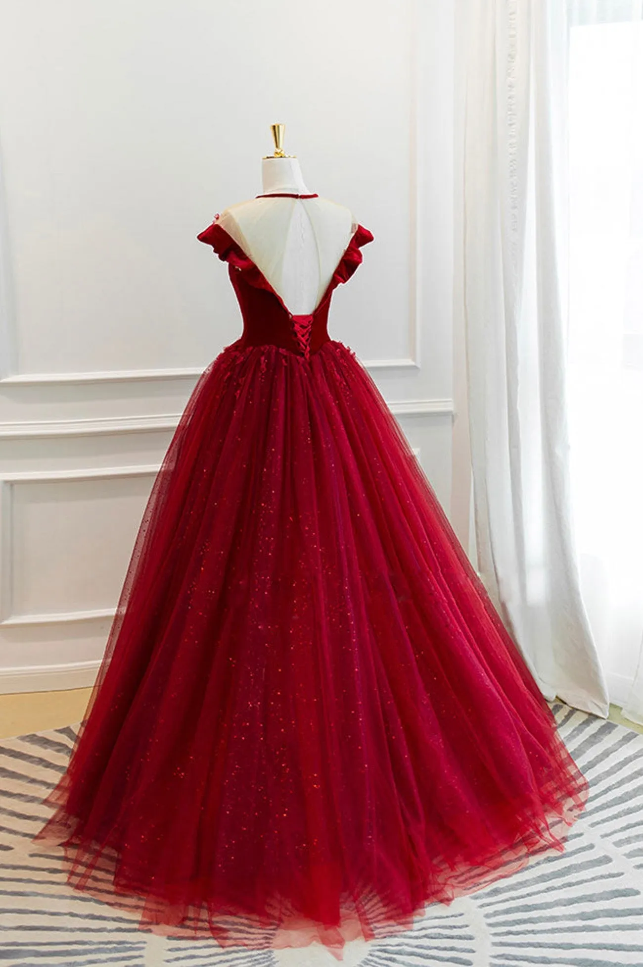 Burgundy Velvet Tulle Floor Length Prom Dress, Lovely Evening Party Dress