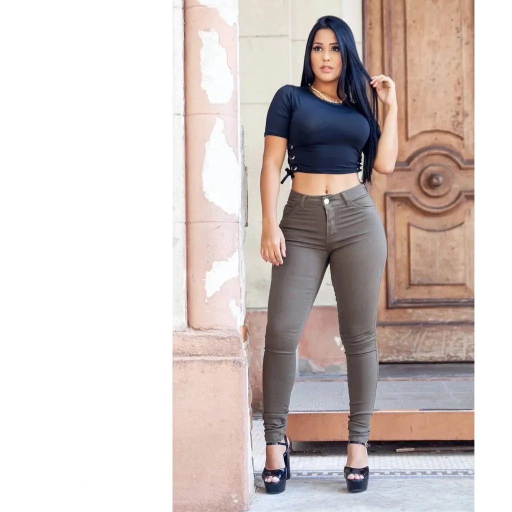 Calça Jeans Feminina Verde Militar Cintura Alta