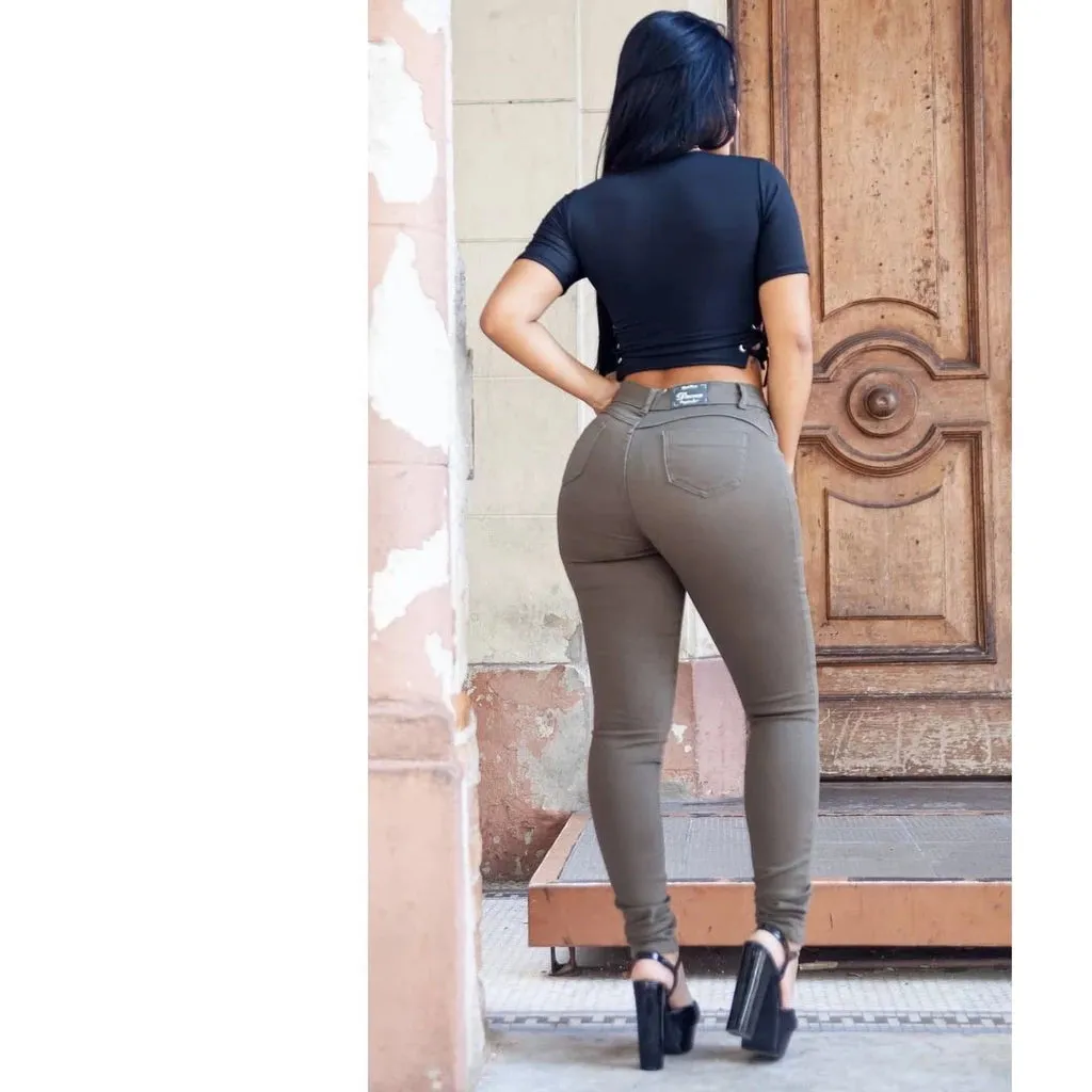 Calça Jeans Feminina Verde Militar Cintura Alta