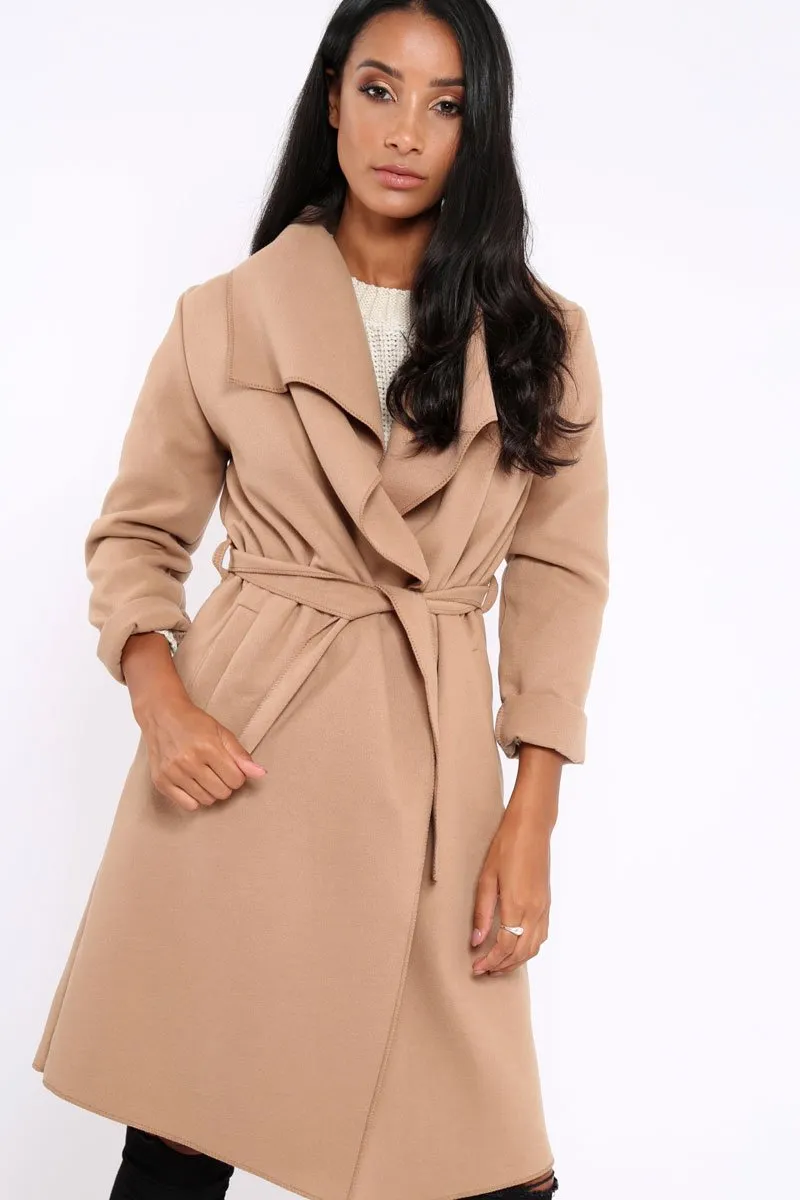 Camel Long Length Waterfall Belted Coat - Cindy