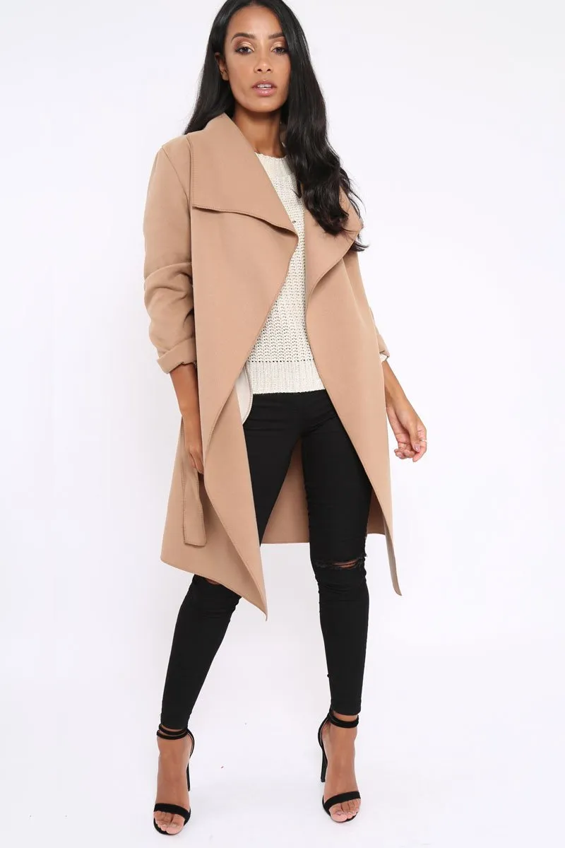 Camel Long Length Waterfall Belted Coat - Cindy