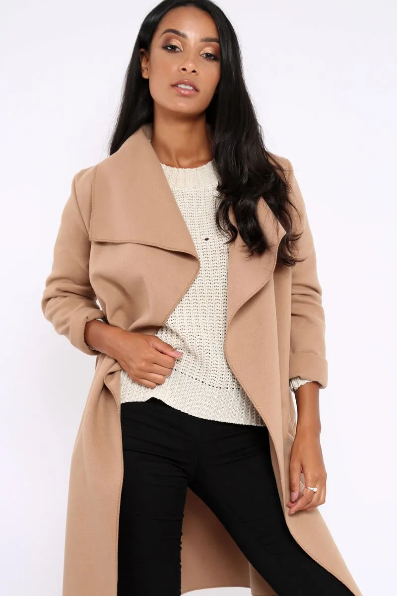 Camel Long Length Waterfall Belted Coat - Cindy