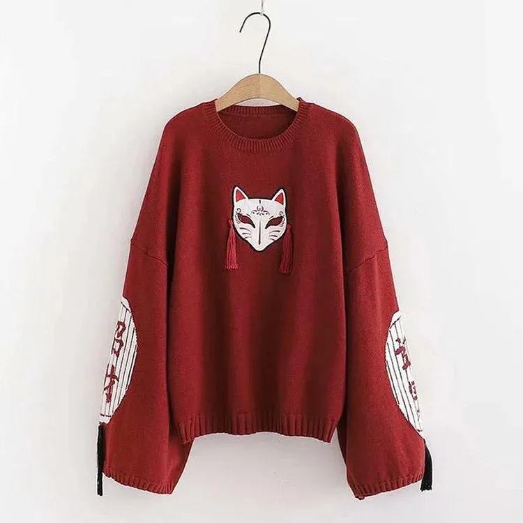 Cartoon Fox Embroidery Tassels Letter Pullover Sweater - Vintage Style