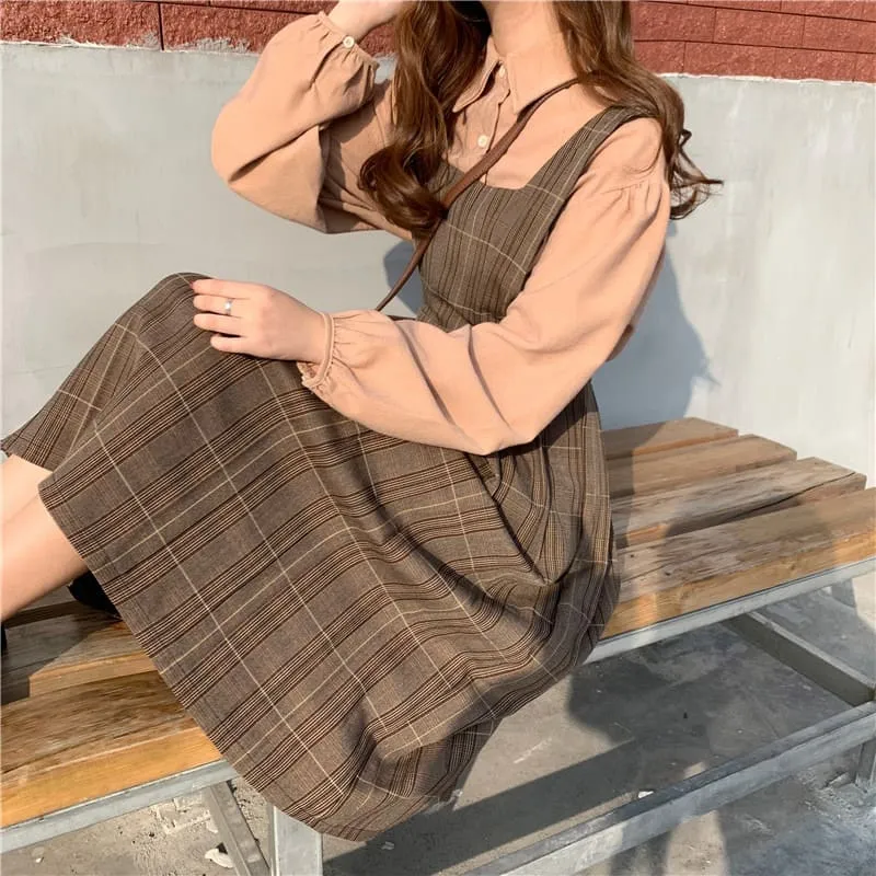 Charming Vintage Plaid Pleated Dress with Shirt Straps