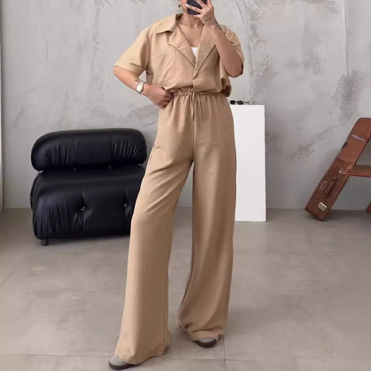 COLLAR SHIRT HIGH-WAISTED WIDE-LEG PANT SUIT_CWSTB0641