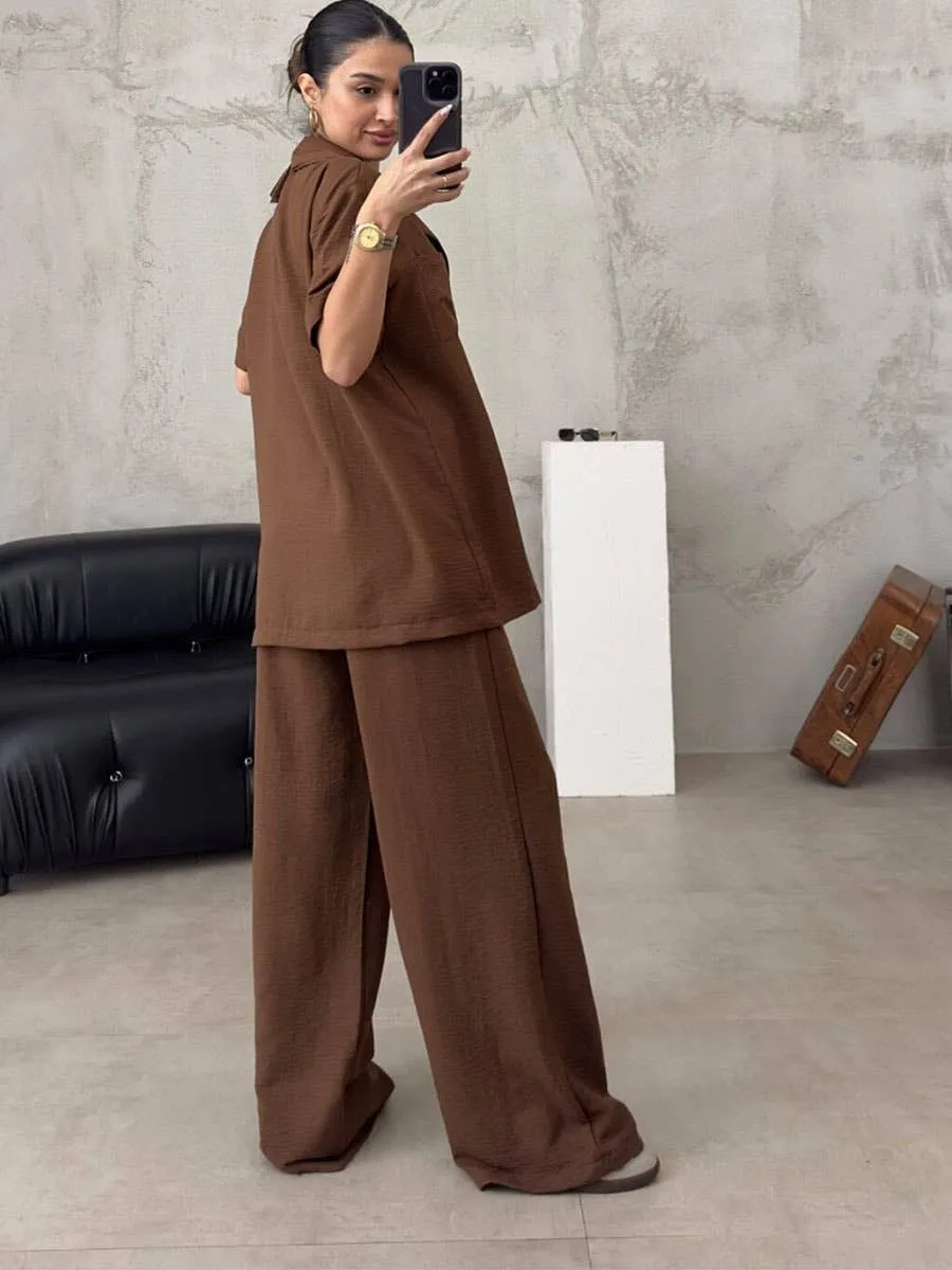 COLLAR SHIRT HIGH-WAISTED WIDE-LEG PANT SUIT_CWSTB0641