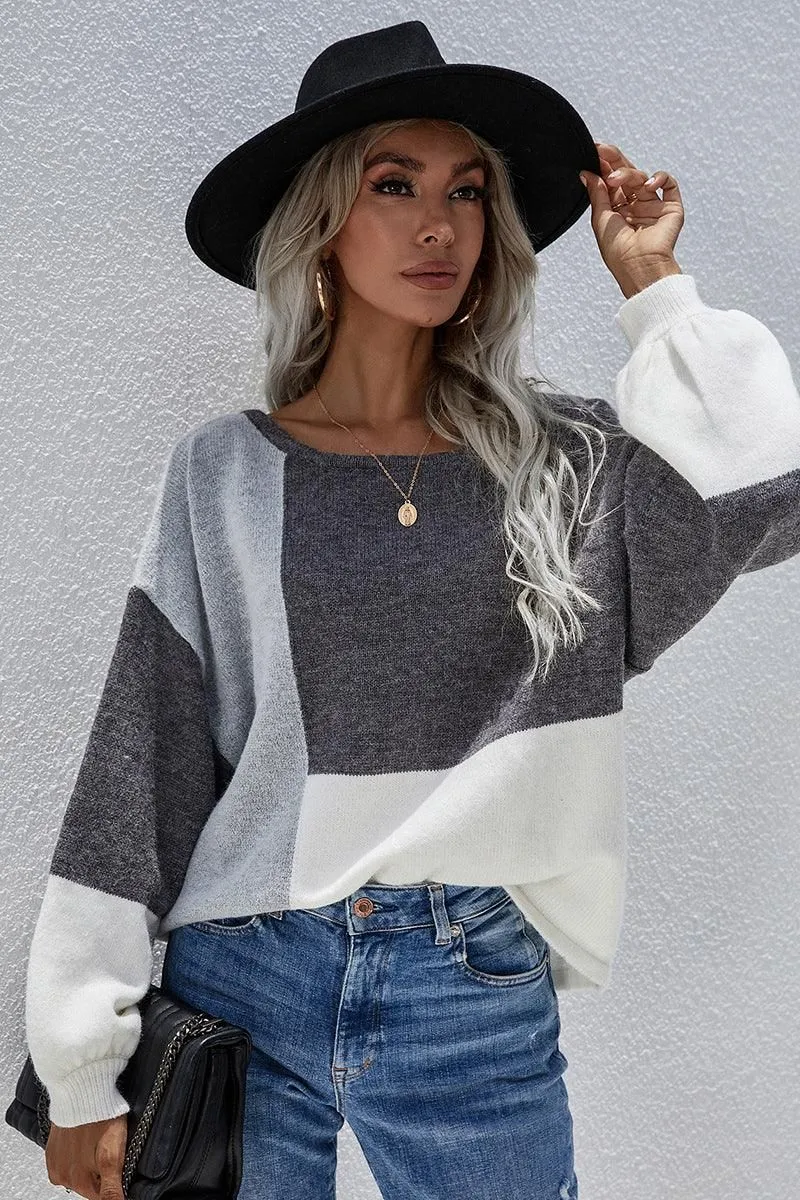 COLOR BLOCK ROUND NECK SWEATER TOP FOR WOMEN