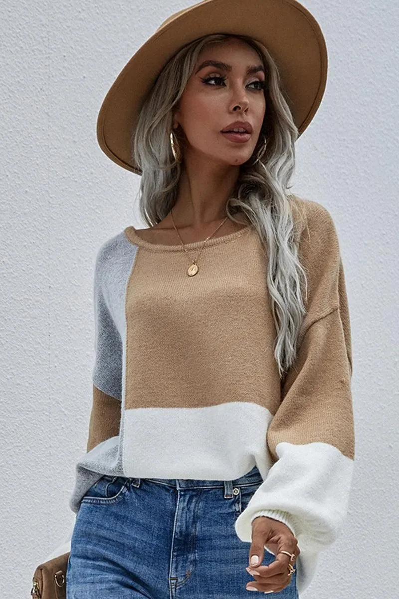 COLOR BLOCK ROUND NECK SWEATER TOP FOR WOMEN