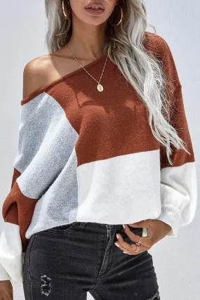 COLOR BLOCK ROUND NECK SWEATER TOP FOR WOMEN