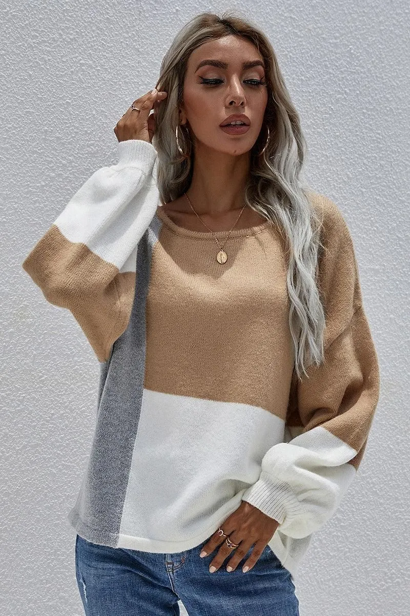 COLOR BLOCK ROUND NECK SWEATER TOP FOR WOMEN