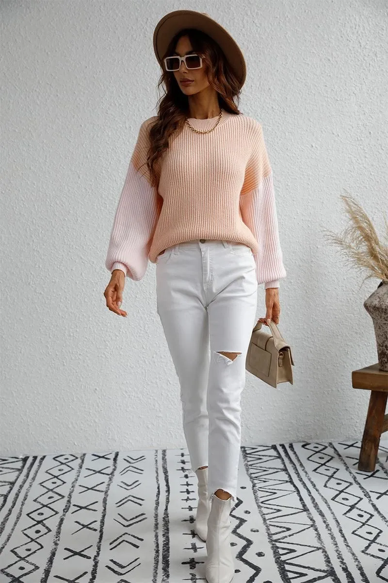 COLOR BLOCK SLEEVE KNIT WARM SWEATER