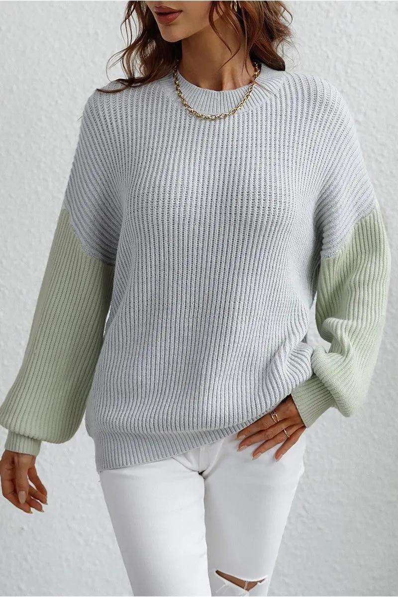 COLOR BLOCK SLEEVE KNIT WARM SWEATER