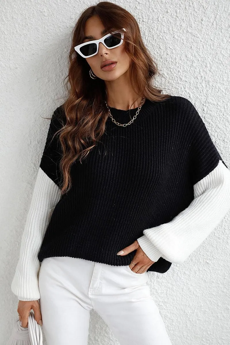 COLOR BLOCK SLEEVE KNIT WARM SWEATER