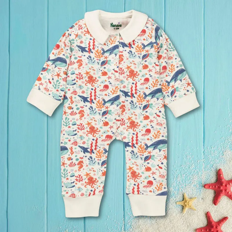 Cotton Romper For Kids | Sea Life Printed | White