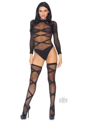 Criss Cross Teddy and Thigh Highs - One Size - Black