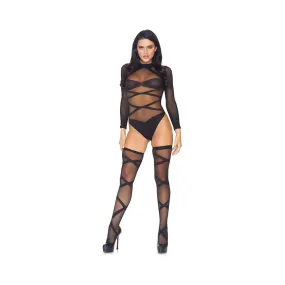 Criss Cross Teddy and Thigh Highs - One Size - Black