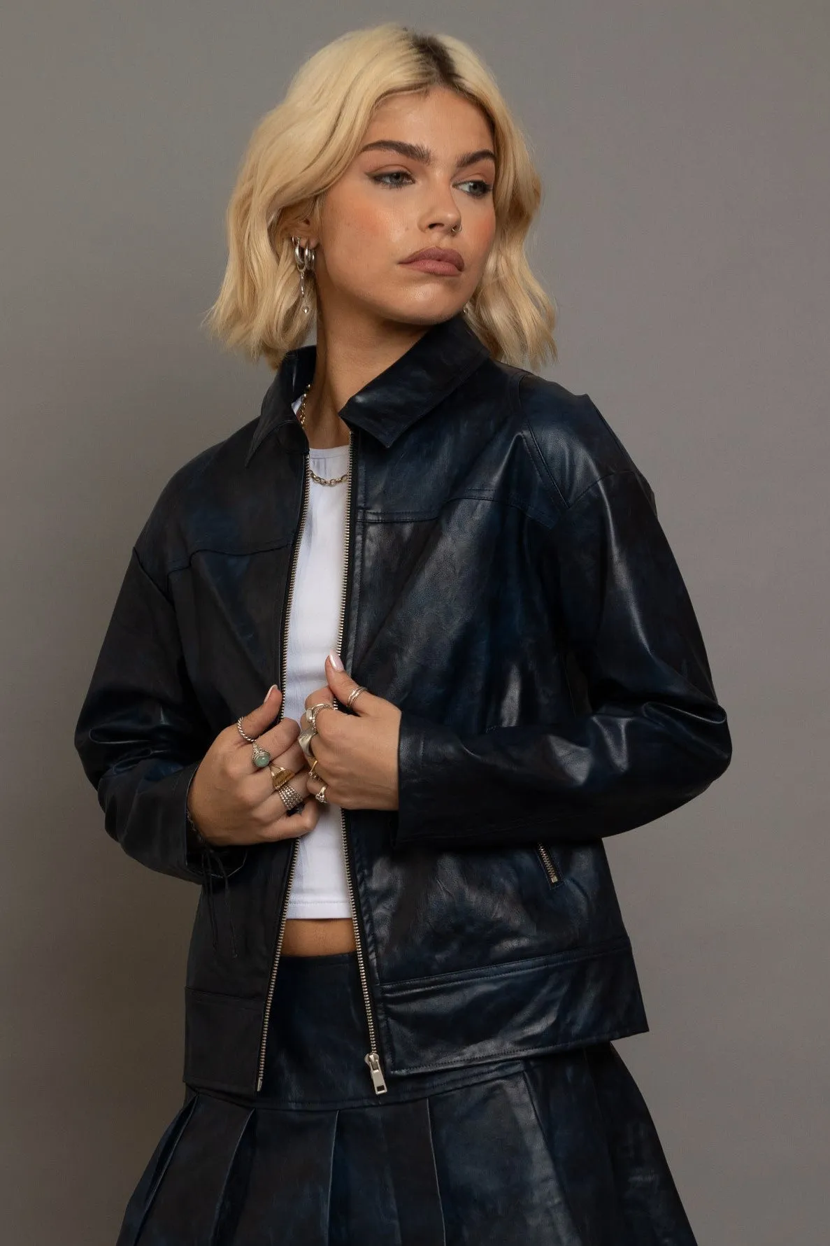 Daisy Street - Sprayed PU Oversized Midnight Blue Jacket