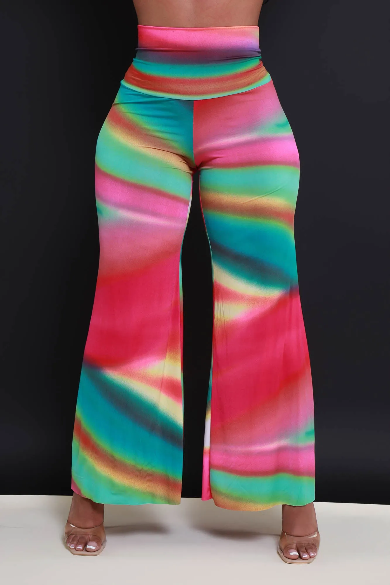 Daybreak High Waist BBL Print Palazzo Pants - Pink Rainbow