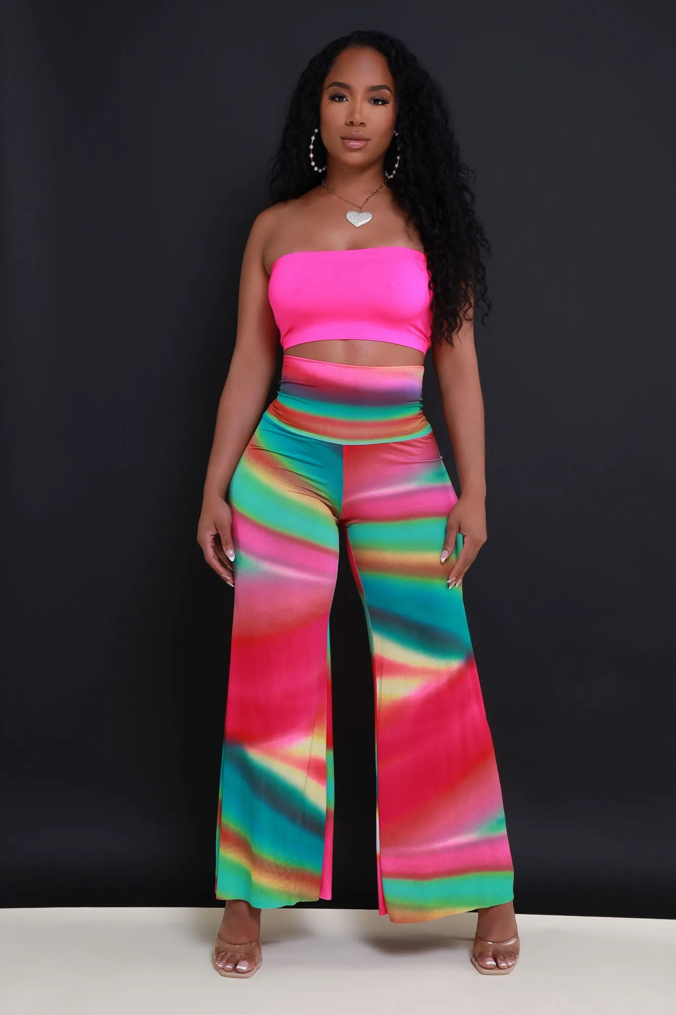 Daybreak High Waist BBL Print Palazzo Pants - Pink Rainbow