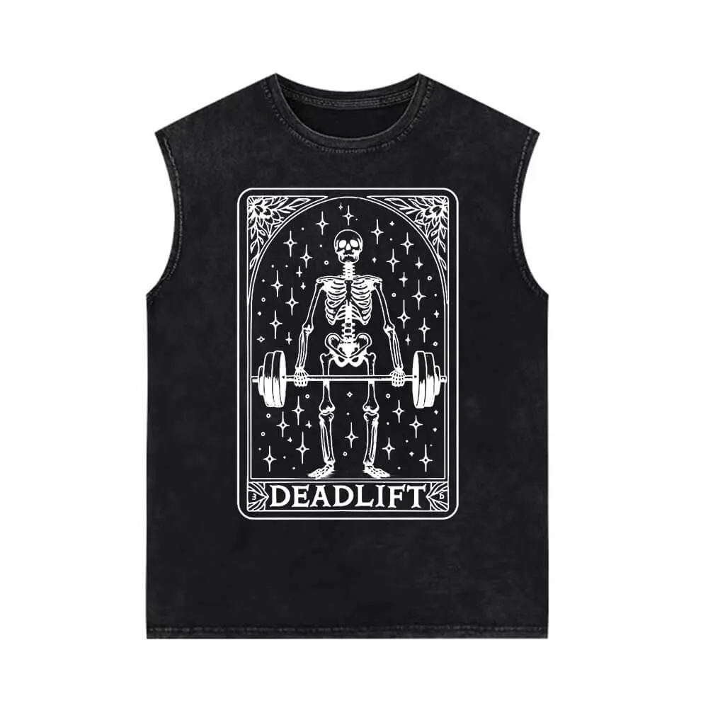 Deadlift Skeleton Barbell Tarot Vintage Washed Vest Top