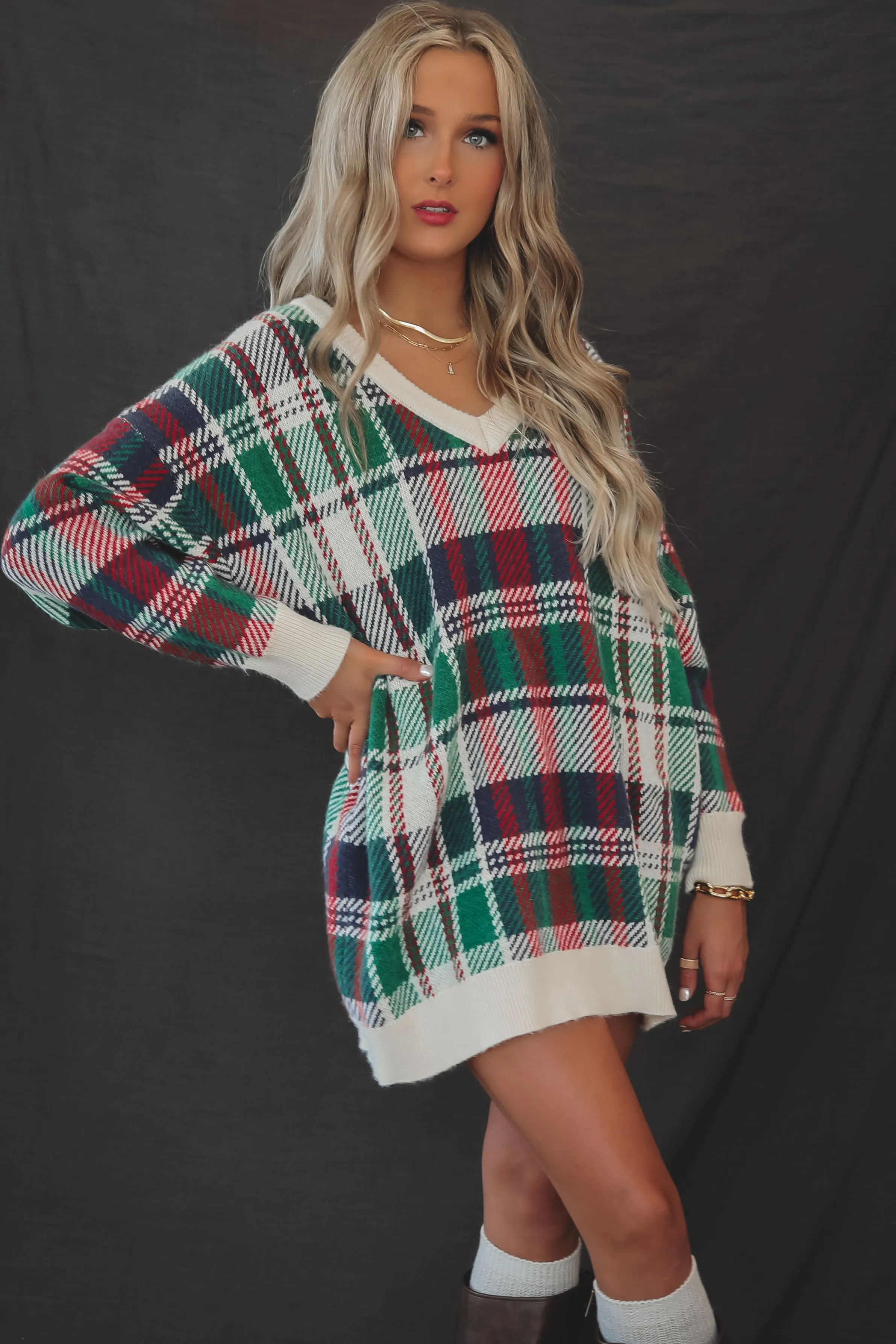 DEAL Feeling Festive And Fine Holiday Plaid Tunic Sweater Dress